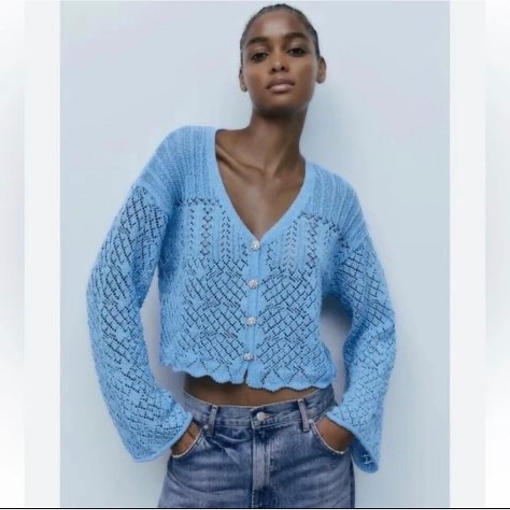 Zara Cardigan Medium Blue Pointelle Knit Jeweled Button Cropped Bell Sleeve Boho